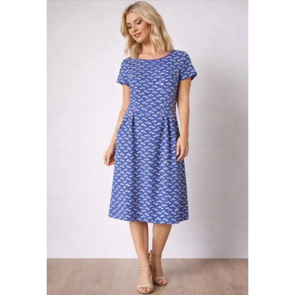 Boden Phoebe Jersey Swan Dress Blue Cottagecore Modest Whimsical Nautical | SZ 8